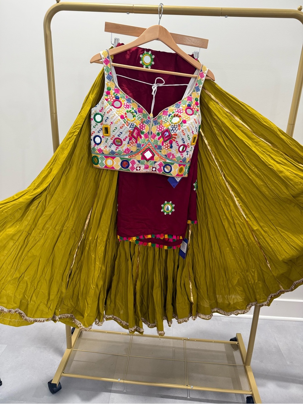 Embroidered Mirrorwork Crop Top with Olive Green Lehenga Set